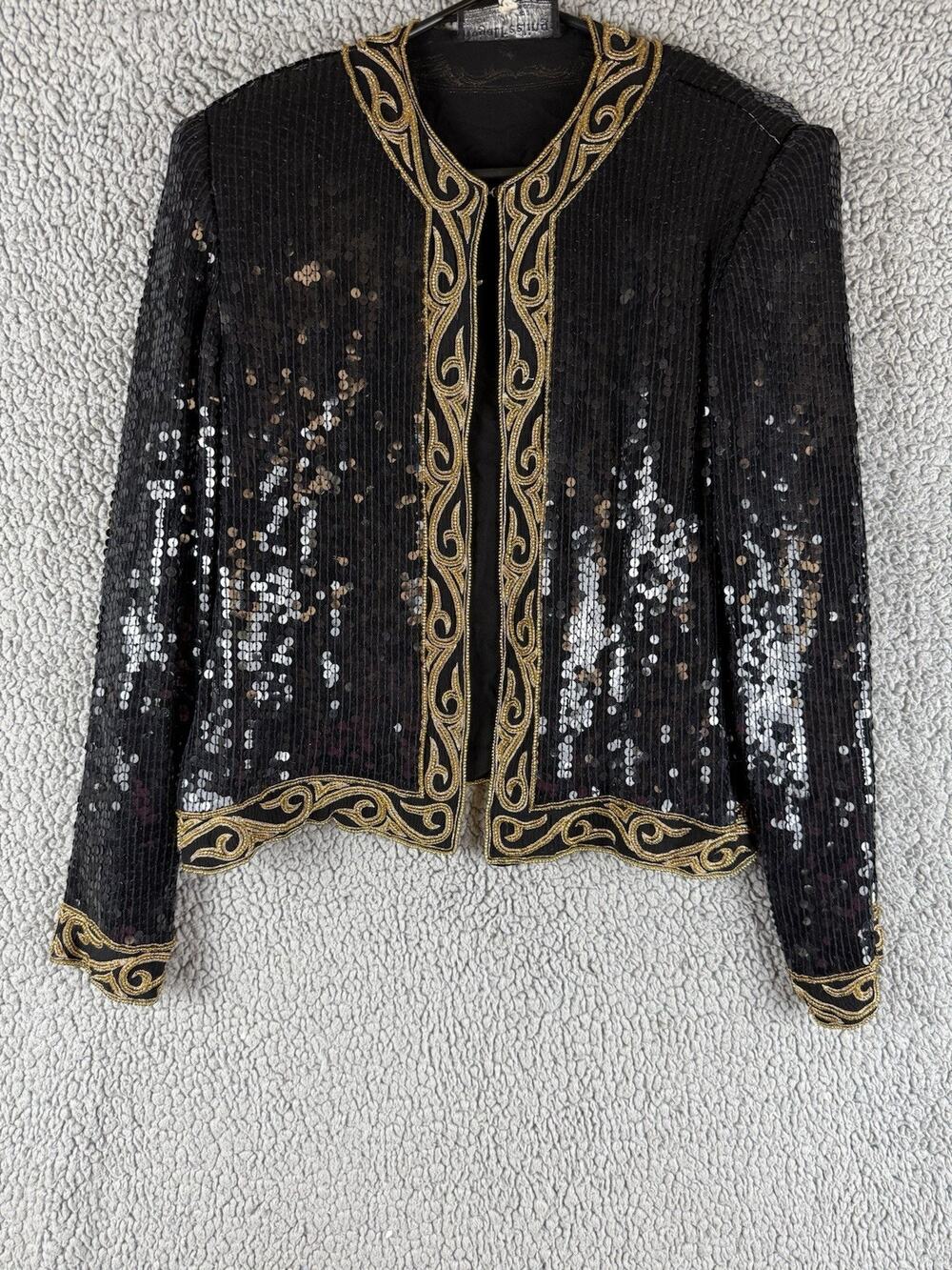 Vtg Royal Feelings Beaded Silk Jacket Med Black Gold Sequin Floral Art Deco 80s